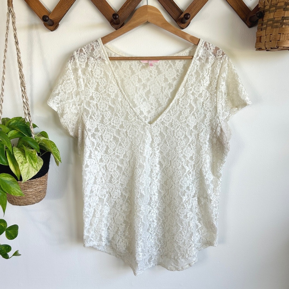 Victoria's Secret Cream Floral Lace V-Neck Short Sleeve Sheer Shimmer Top Medium